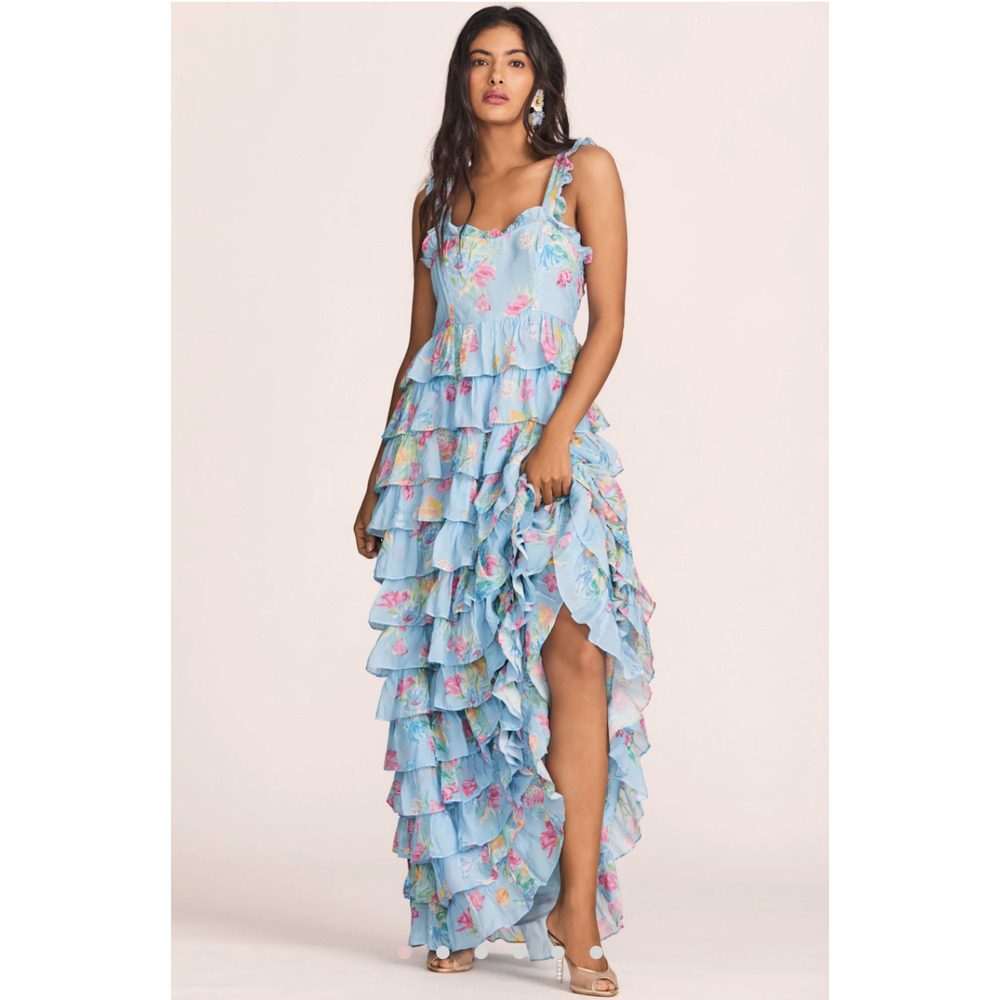 LOVESHACKFANCY Idra Tiered Floral Maxi Dress Blue NWT